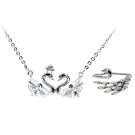 Silver elegant mini double swan crystal necklace ring set