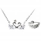 Sterling silver elegant mini double swan crystal necklace ring set