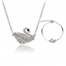 Silver delicate blue eyes crystal swan necklace bracelet set