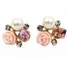 Pink lovable colorful flower crystal pearl earrings