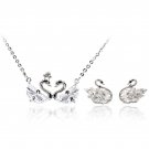 Sterling silver elegant mini double swan crystal necklace earrings set