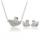Silver delicate blue eyes swan necklace earrings set