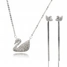 Silver single swan crystal necklace long earrings set