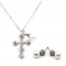 Sterling silver mini cross crystal pearl necklace earrings set