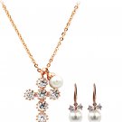 Rose gold elegant crystal tie pearl earrings necklace set