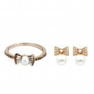 Gold delicate bow pearl crystal ring earrings set