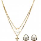 Gold double sided mini cross pearl necklace earrings set
