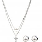 Silver double sided mini cross pearl necklace earrings set