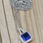 Silver blue elegant square crystal pendant silver necklace