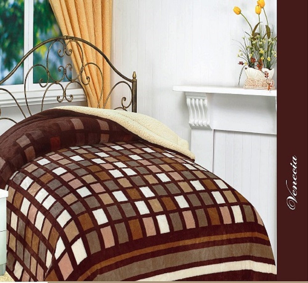 King Blanket Thick Warm Sumptuously Soft Plush Faux Fur Brown Beige Checks Bo...