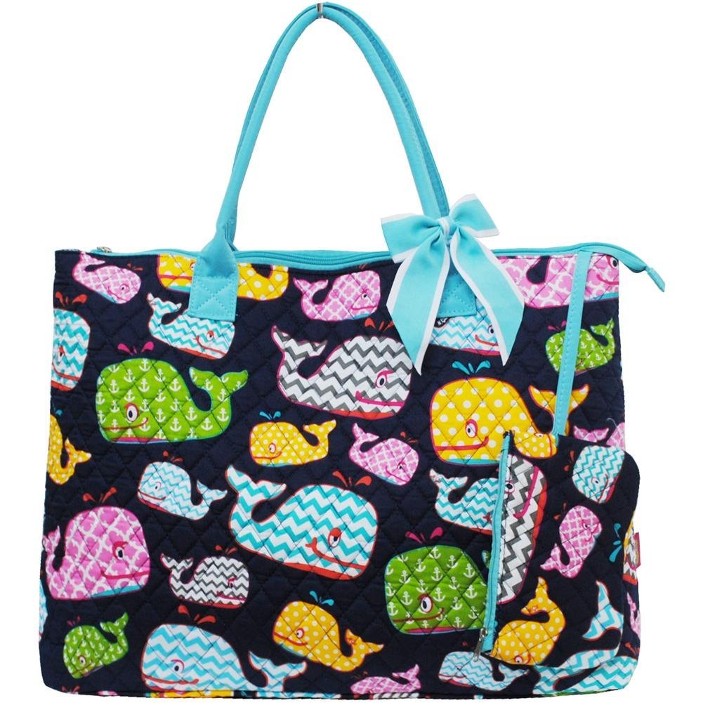 Quilted Whale Print Large Tote Bag (Aqua) Aqua NGIL