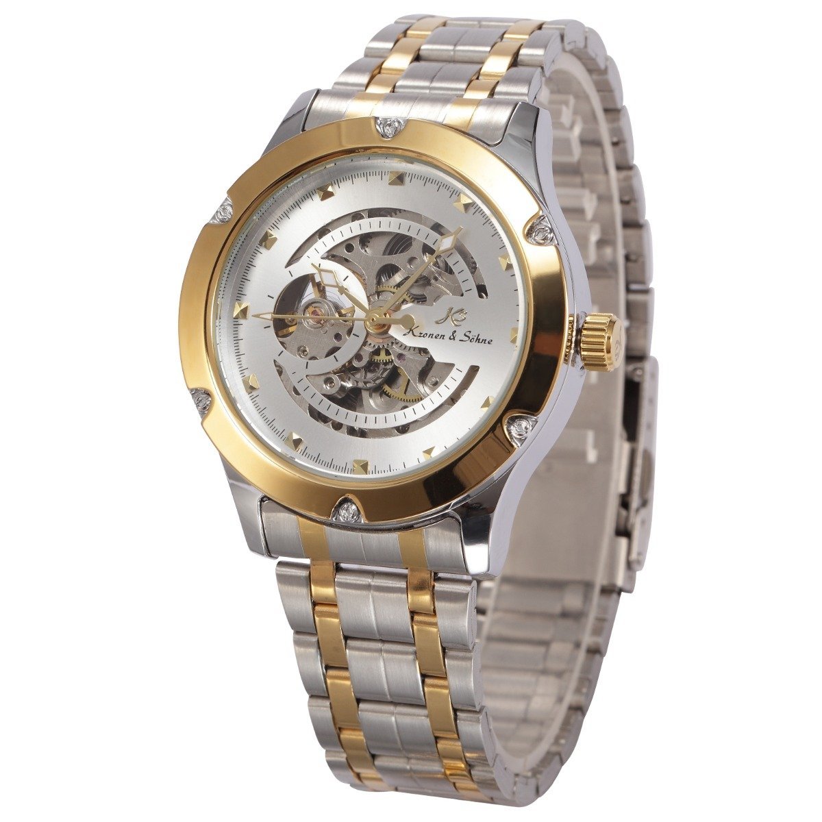 KS Navigator White Dial Skeleton Automatic Mens Mechanical Silver Gold Stainl...
