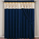 4 Piece Luxury Yellow / Navy Blue / Beige Leaf Curtain set with attached Vala...