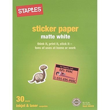 Staples Matte White Sticker Paper 30 Count 8.5 X 11 Staples