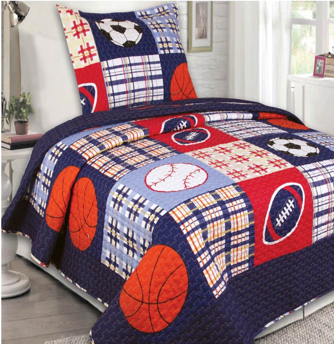 Mk Collection 2 Pc Bedspread Boys Sport Football Basketball Baseball Dark Blu...