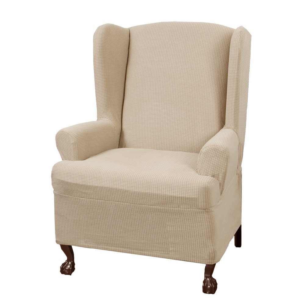 Maytex Stretch Reeves 1-Piece Wing Chair Slipcover Natural MAYTEX