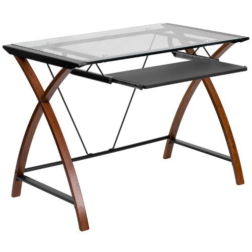 Glass Computer Desk w/ Pull-Out Keyboard Tray Chris Cross Cherry