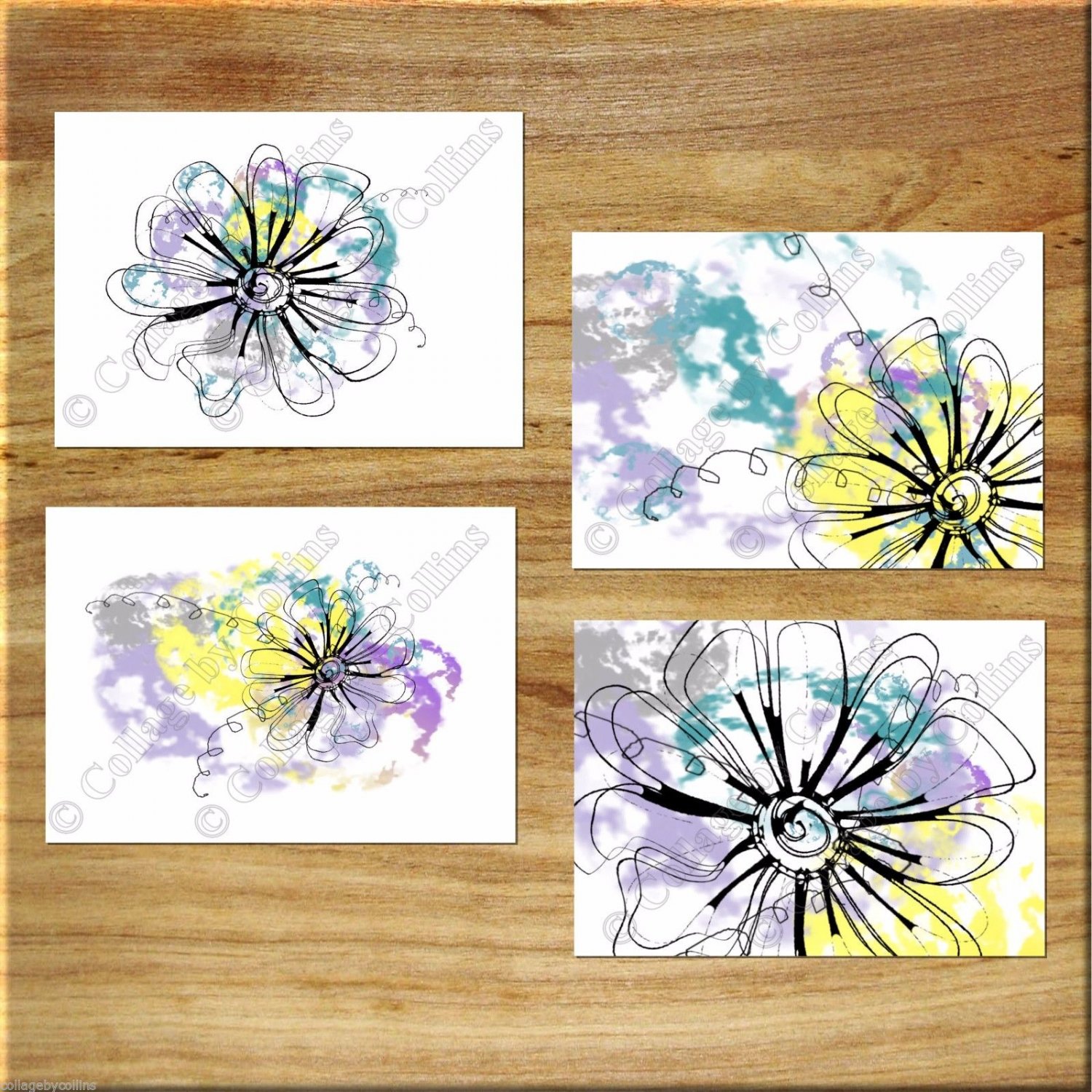 Teal Purple Yellow Gray Wall Art Prints Pictures Modern Daisy Floral
