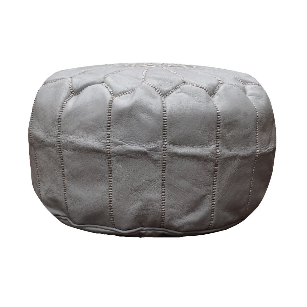 Gray Moroccan Leather Pouf, Pouffe, Ottoman, Footstool