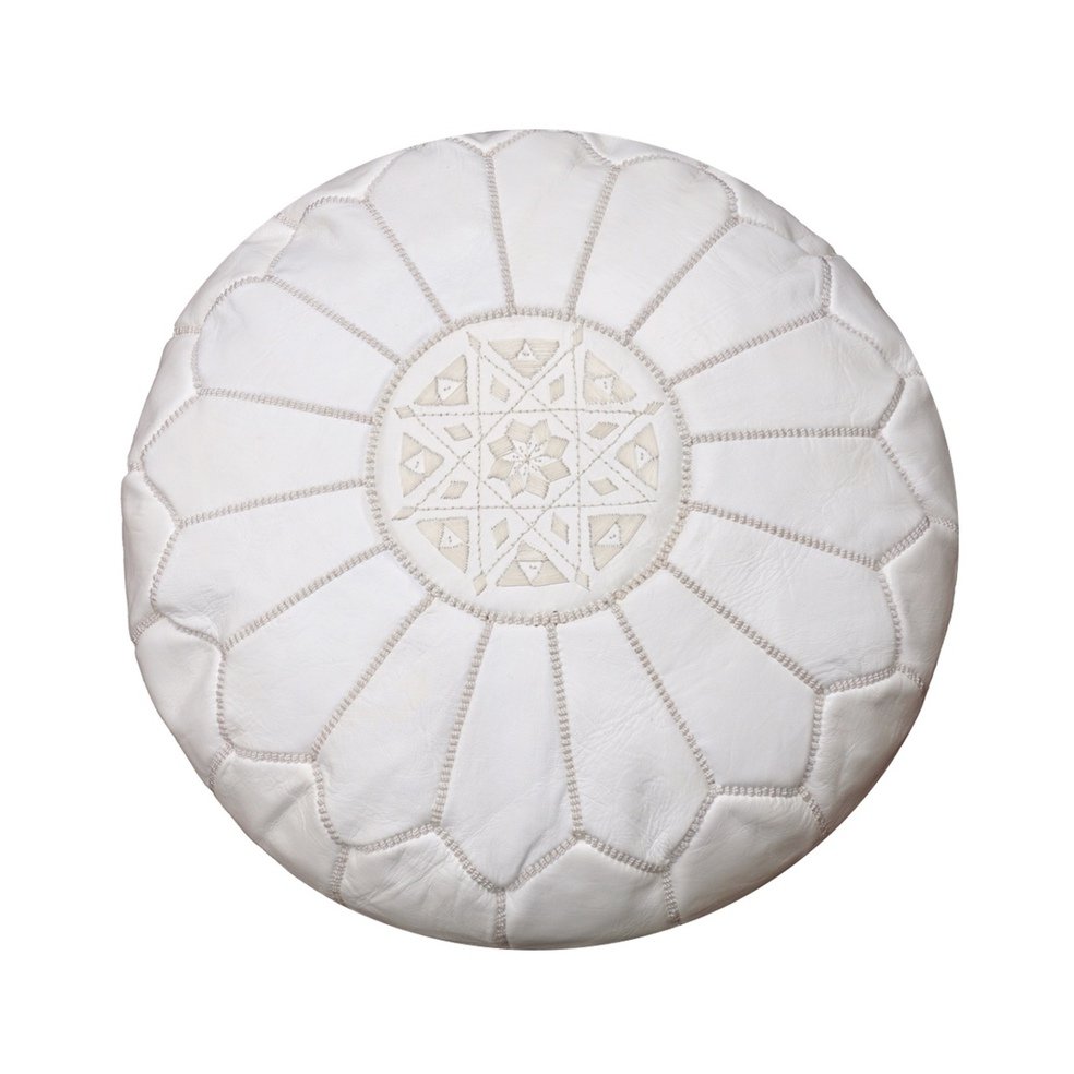 White Moroccan Leather Pouf, Pouffe, Ottoman, Footstool