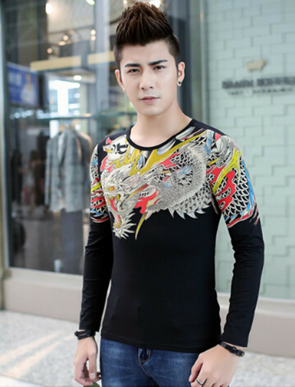 Traditional Chinese Dragon Men Tattoo Shirt Crew neck Long sleeves 100% ...