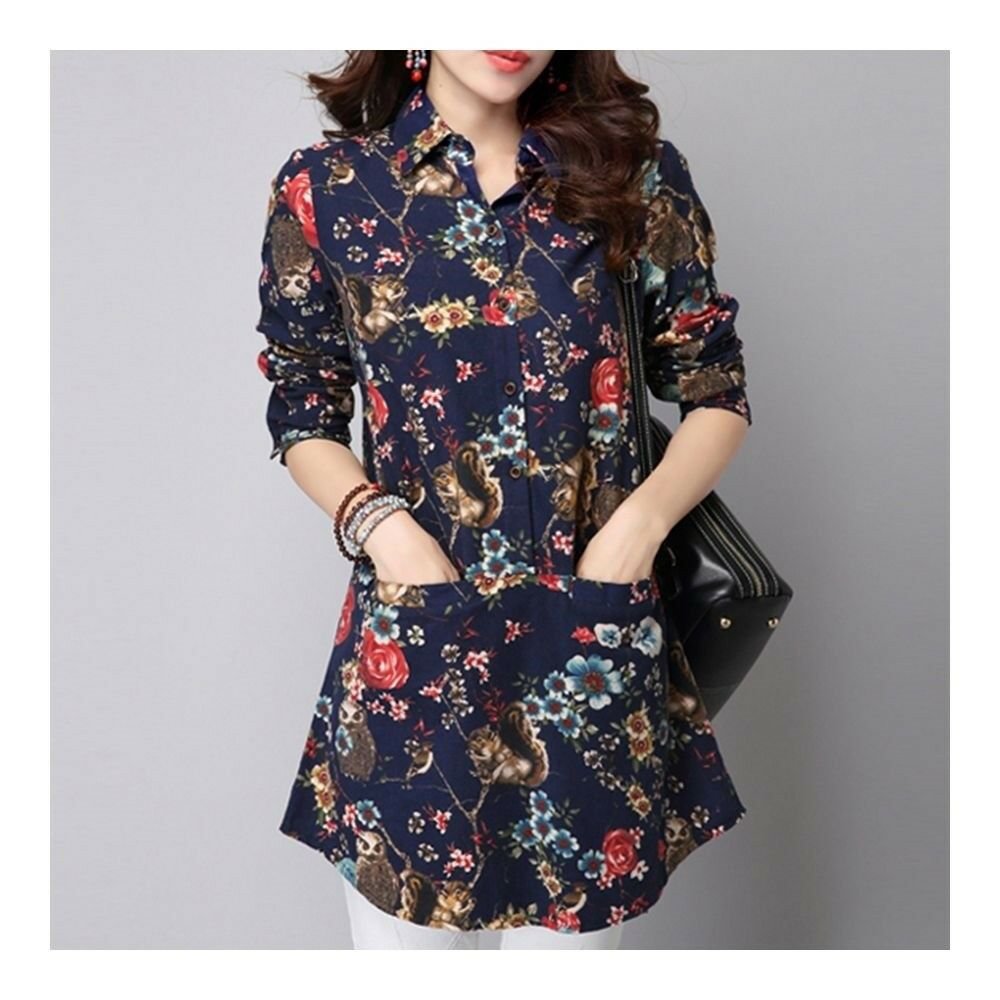 Plus Size Middle Long Loose Shirt blue
