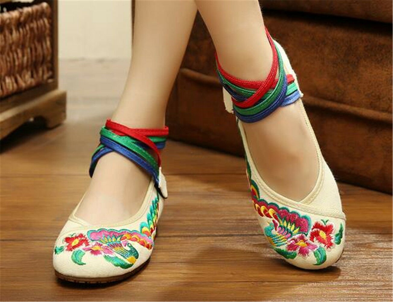 Chinese Embroidered Floral Shoes Women Ballerina Mary Jane Flat Ballet Cotton