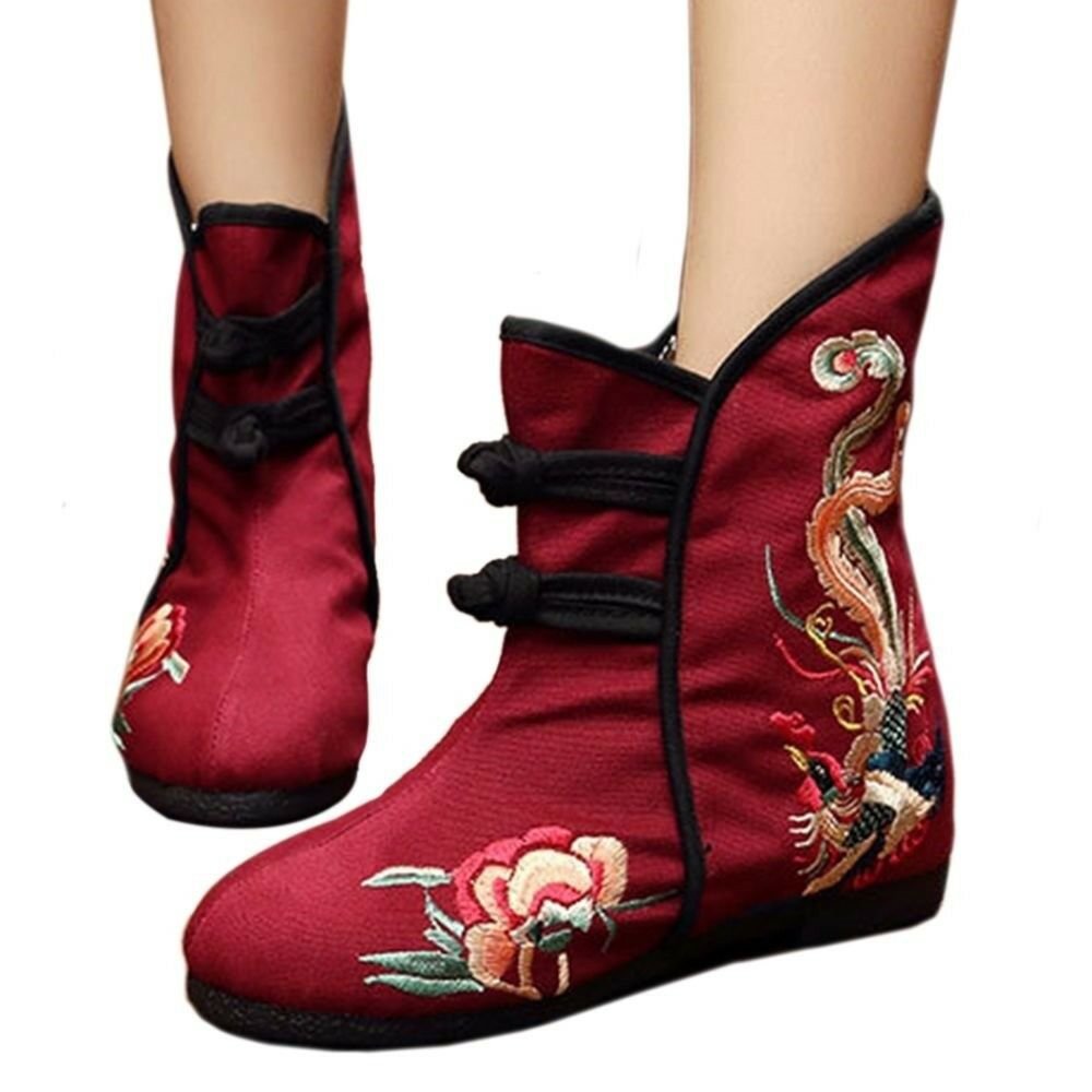 Peacock Vintage Beijing Cloth Shoes Embroidered Boots claret 35