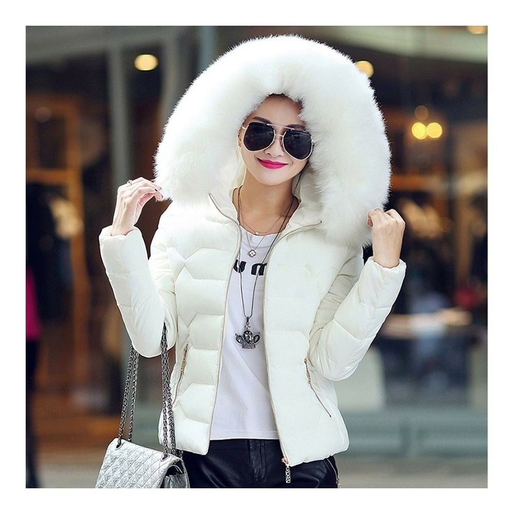Winter Slim Chic Fur Collar Short Down Coat Woman Hooded white