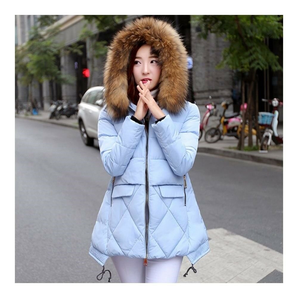 Winter Slim Middle Long Cotton Coat Plus Size Thick Hoodied Fur Collar lake b