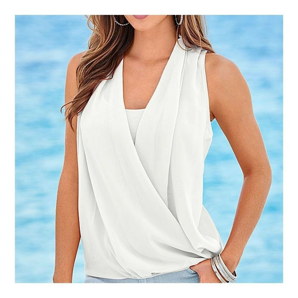 Solid Color V-necked Chiffon Splicing Vest white