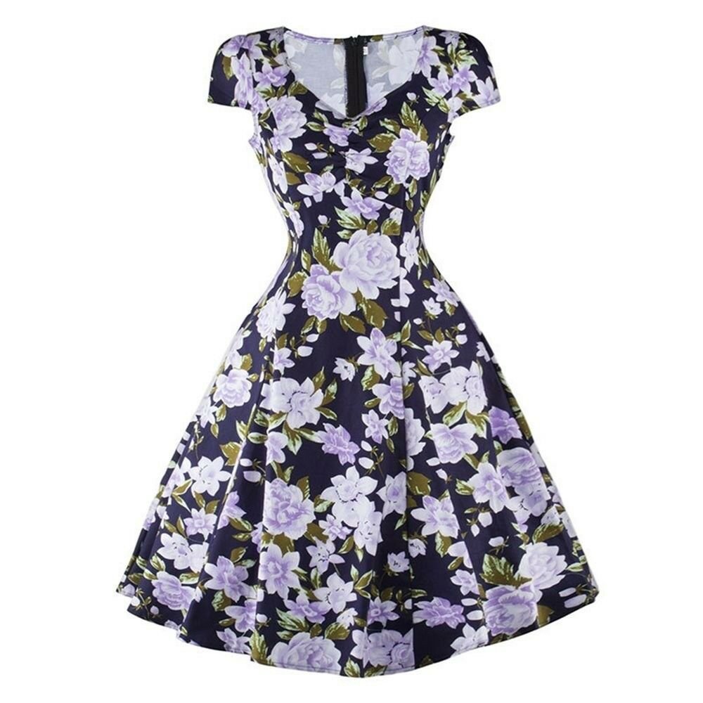 Woman V neck Printing Dress Slim Sleeveless blue