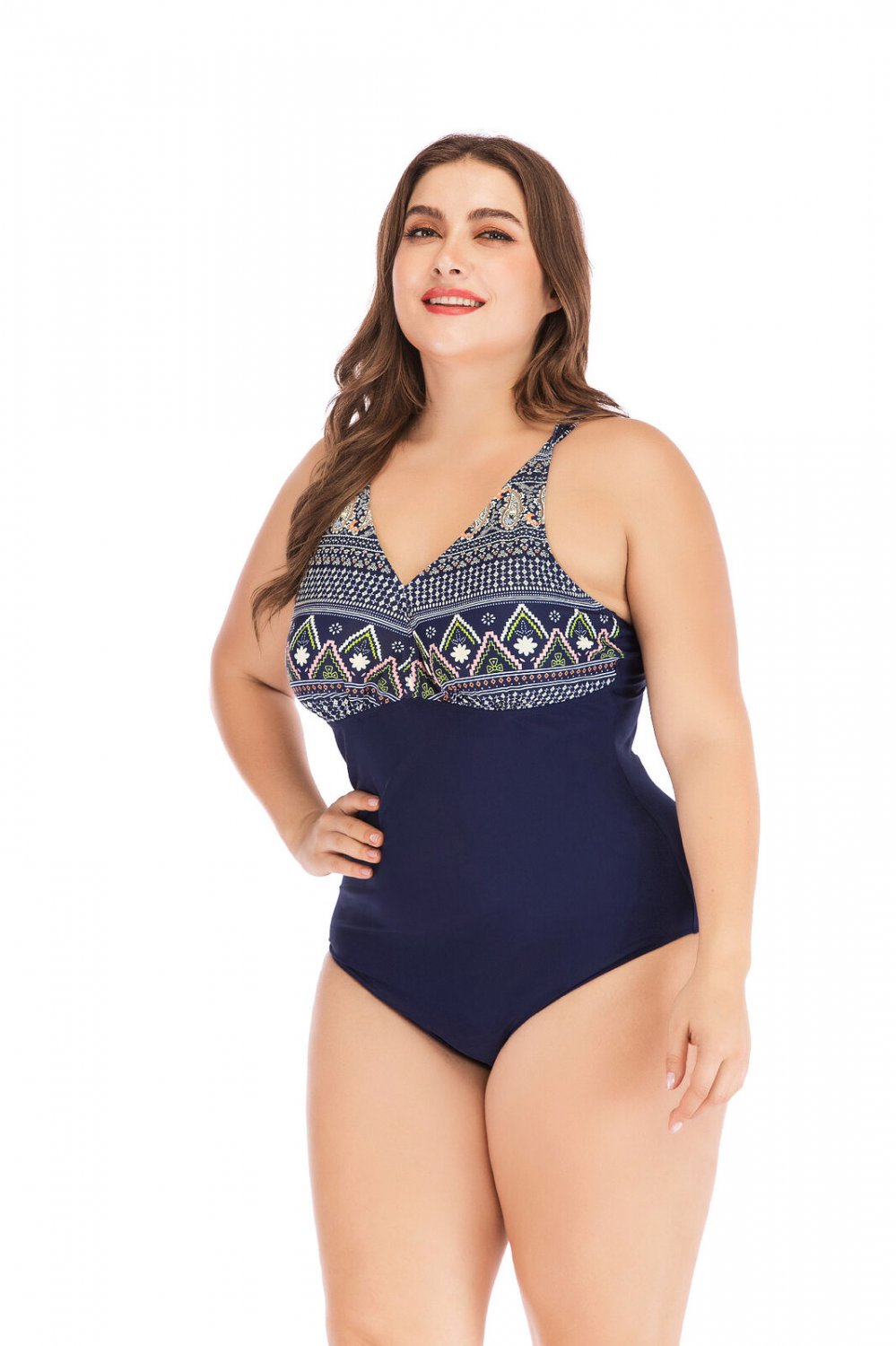 Women Classic Blue Chromatic Geometric Pattern Padded One Piece Swimsuit Padded