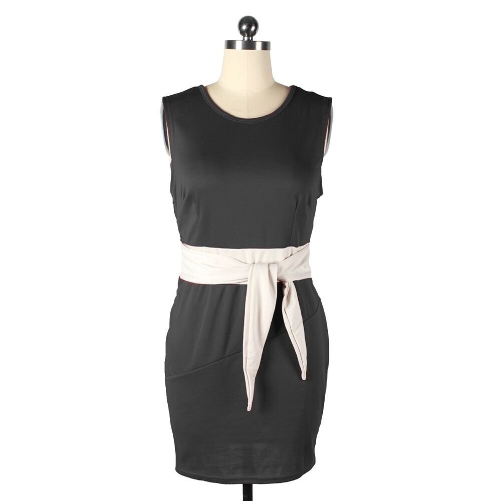 Solid Color Woman Round Collar Slim Elastic Dress black
