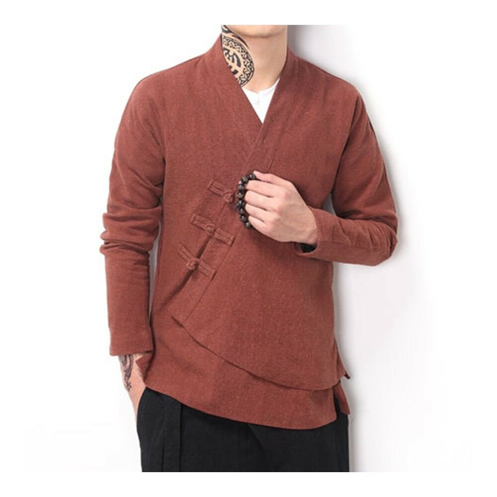 Flax Slant Opening Plate Button Stand Collar Coat coffee