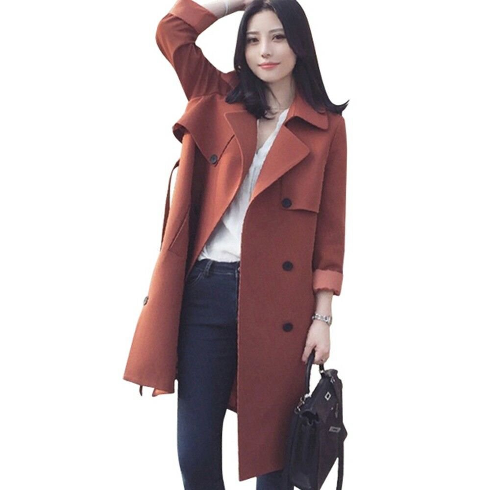 Double-breasted Woman Middle Long Solid Color Wind Coat brick-red