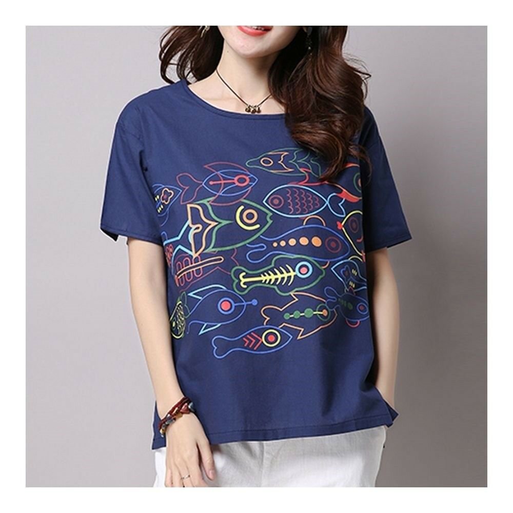 Loose Casual Little Fish Short Sleeve T-shirt dark blue