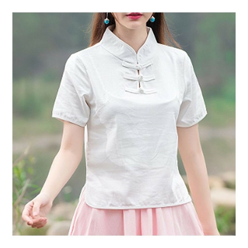 Plate Button Splicing Stand Collar Short Sleeve T-shirt white