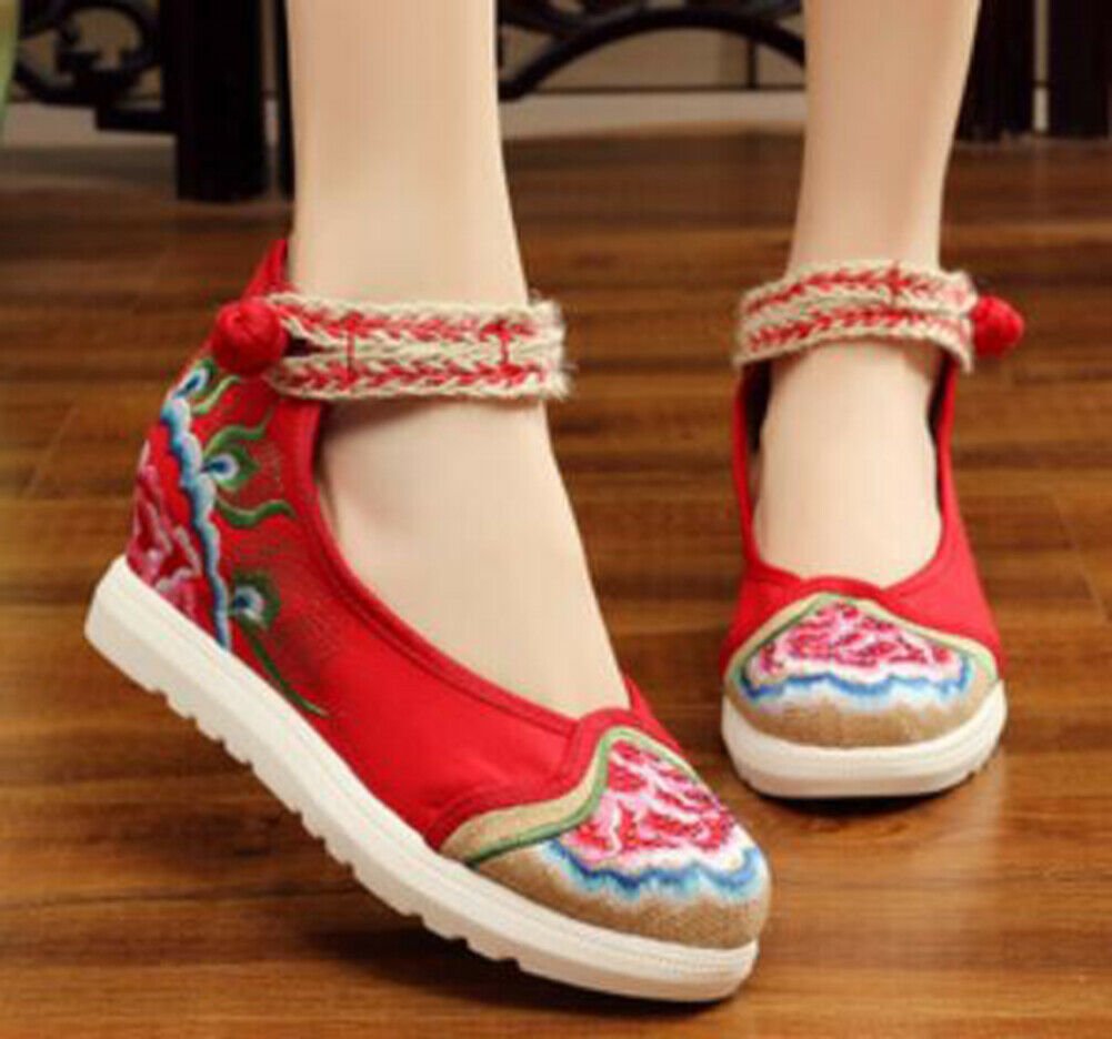 Chinese Ethnic Embroidery Inner high Heel Elevator Dress Shoes Vintage Flower