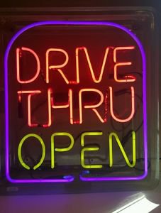 neon drive thru open sign