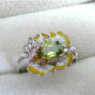 FINE YELLOW WHITE ENAMEL PERIDOT 925 SILVER BUTTERFLY FLOWER RING SIZE P 8