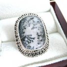 LARGE CABOCHON WHITE DENDRITIC AGATE 925 STERLING SILVER ETHNIC RING SZ P 8