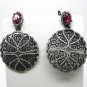 LAB RED RUBY & CUBIC ZIRCONIA 925 SILVER RHODIUM ROUND DROP DANGLE DISC EARRINGS