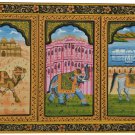 RMantra Handmade Miniature painting of decorative Elephant –Horse-Camel Trio on silk cloth .