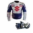 SUZUKI 4269 WHITE/BLUE MOTORCYCLE ARMOURED JACKET & GLOVES COWHIDE LEATHER SUZUKI 4269 WHITE/BLUE MOTORCYCLE ARMOURED JACKET & GLOVES COWHIDE LEATHER