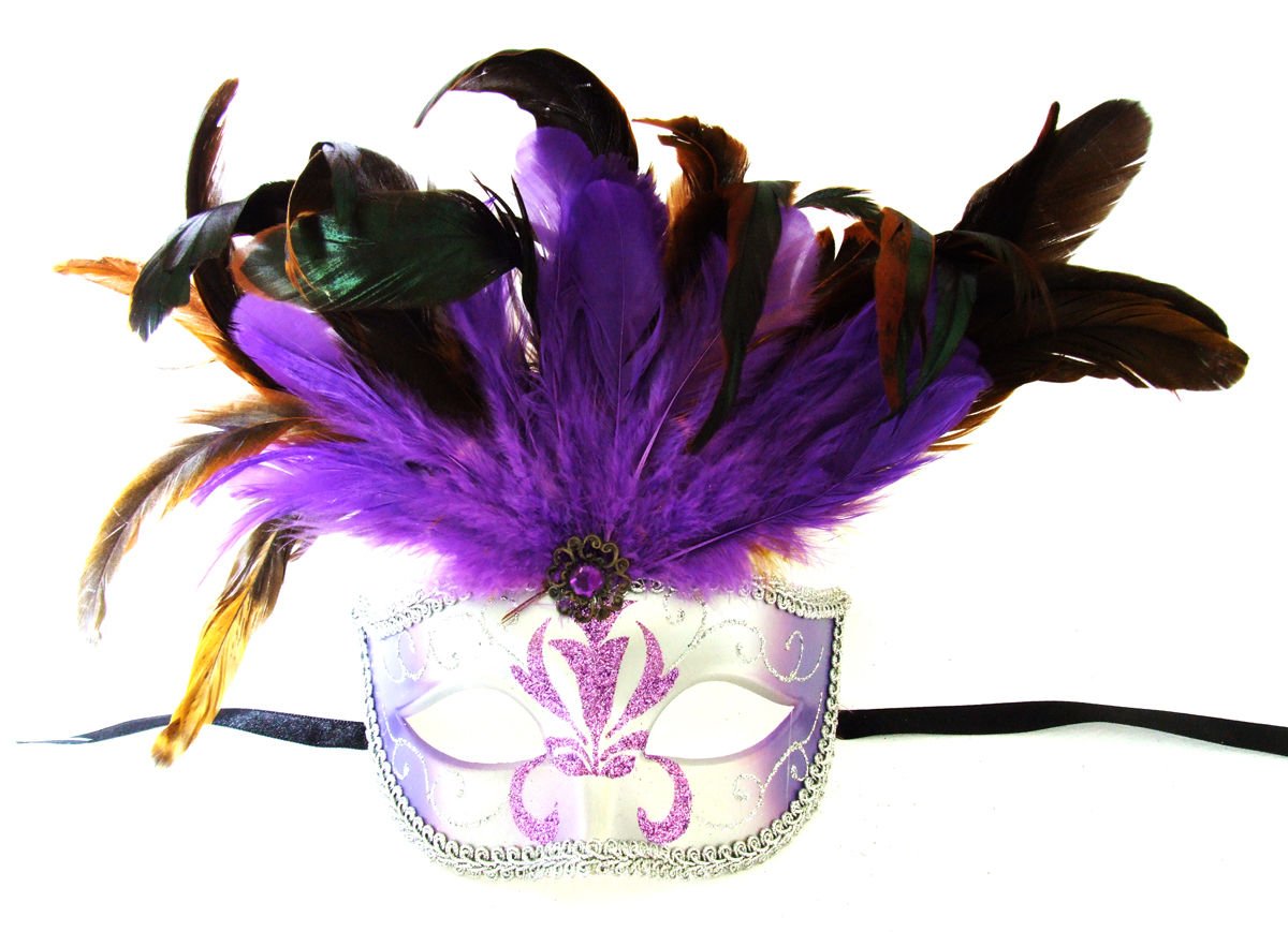 Trident Purple Feather Mask Costume Mardi Gras Halloween Masquerade