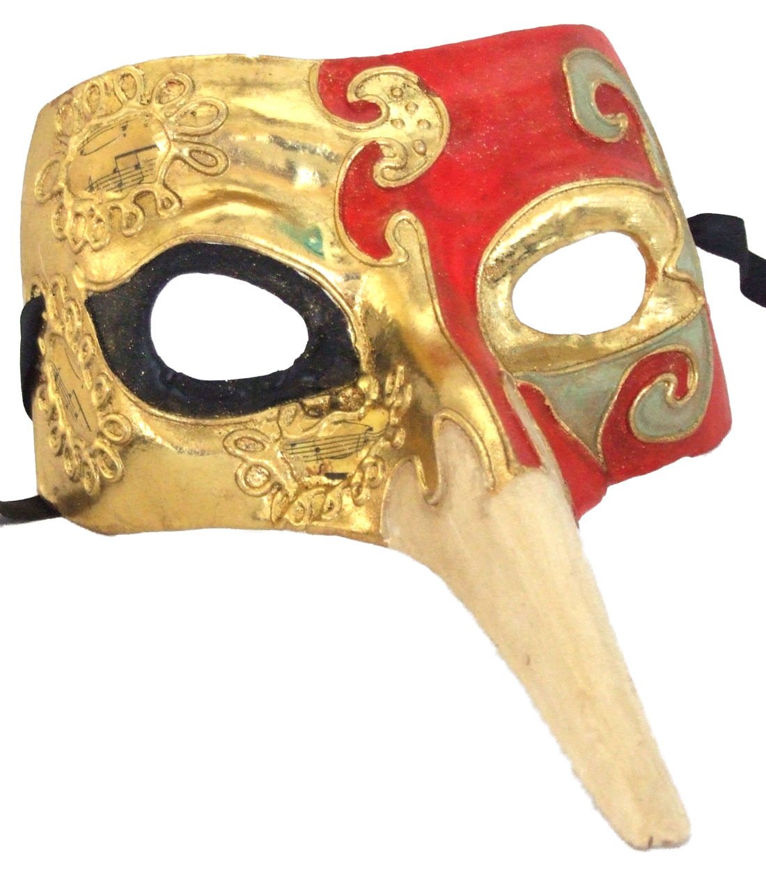 Venetian Mask Zanni Long Nose Red & Gold Mardi Gras Halloween ...