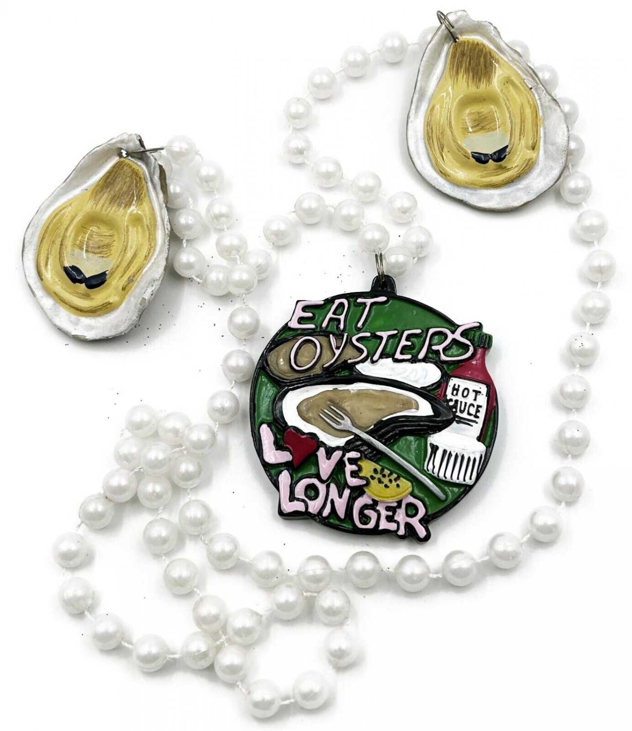 Eat Oysters Mardi Gras Bead Necklace New Orleans Seafood w/ Oysters