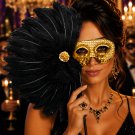 Wand Mask Feather Black & Gold Mardi Gras New Years Masquerade Halloween
