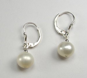 STERLING SILVER white fresh water PEARL drop leverback EARRINGS